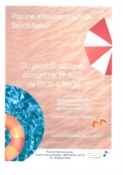 OUVERTURE PISCINE DE SAINT-SATUR DU 1er JUILLET au 29 AOUT 2021