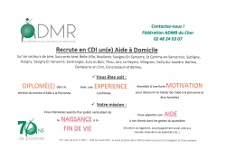 ADMR recrute en CDI un(e) AIDE A DOMICILE